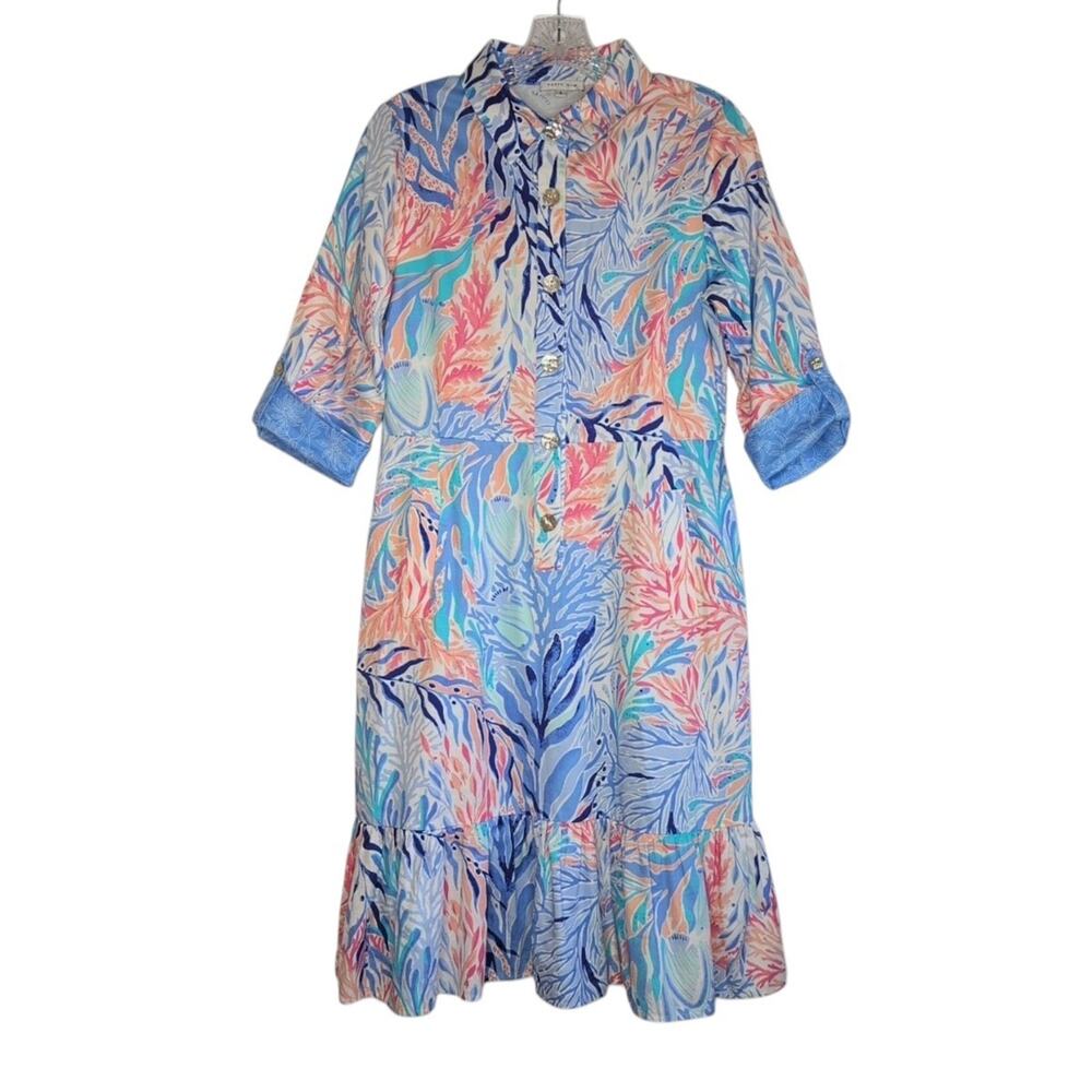 Patty Kim Cotton Shirt Dress Size Small Preppy Mixed Prints Summer Coastal